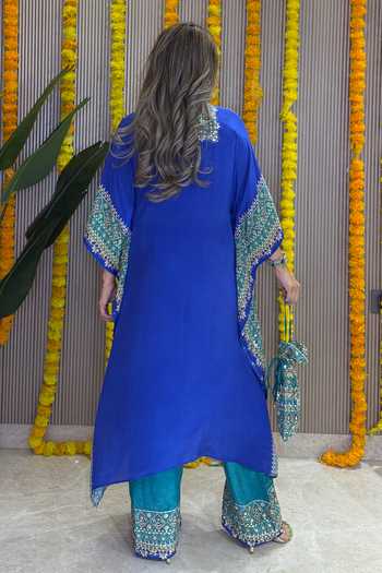 Surkh Syahi Salma Sitara Blue Embroidered Kaftan Set 