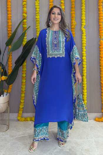 Surkh Syahi_Blue Crepe Embroidery, Mirrors Round Neck Salma Sitara Kaftan Set _at_Aza_Fashions
