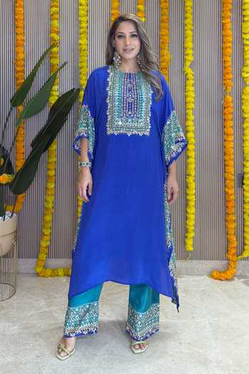 Buy_Surkh Syahi_Blue Crepe Embroidery, Mirrors Round Neck Salma Sitara Kaftan Set 