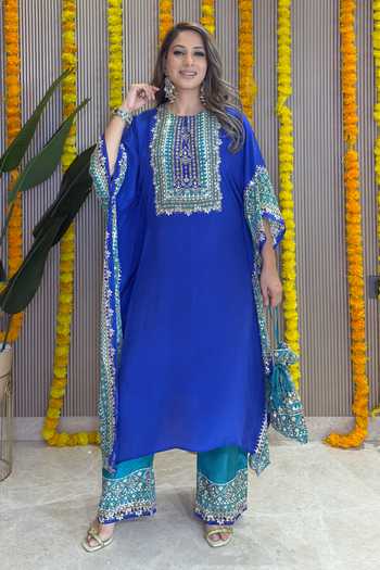 Shop_Surkh Syahi_Blue Crepe Embroidery, Mirrors Round Neck Salma Sitara Kaftan Set 
