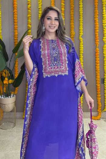 Surkh Syahi_Pink Crepe Embroidery Round Neck Salma Sitara Purple Kaftan Set _Online_at_Aza_Fashions