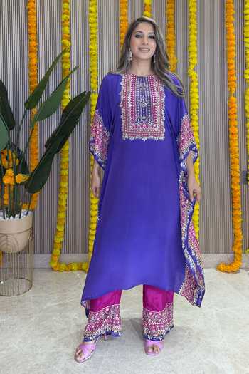 Surkh Syahi Salma Sitara Purple Embroidered Kaftan Set 