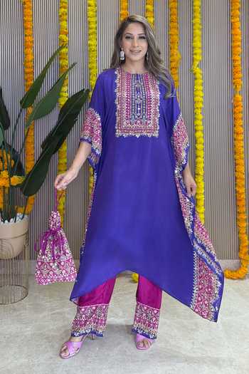 Buy_Surkh Syahi_Pink Crepe Embroidery Round Neck Salma Sitara Purple Kaftan Set _Online_at_Aza_Fashions