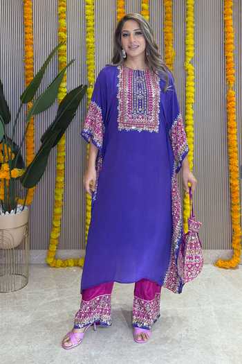 Shop_Surkh Syahi_Pink Crepe Embroidery Round Neck Salma Sitara Purple Kaftan Set _Online_at_Aza_Fashions