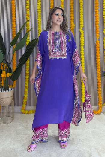 Surkh Syahi_Pink Crepe Embroidery Round Neck Salma Sitara Purple Kaftan Set _at_Aza_Fashions