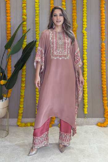 Buy_Surkh Syahi_Rose Gold Crepe Embroidery, Sequins, Mirrors Salma Sitara Dusty Kaftan Set _Online_at_Aza_Fashions