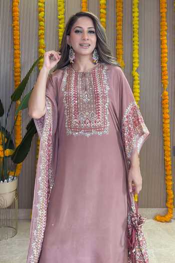 Shop_Surkh Syahi_Rose Gold Crepe Embroidery, Sequins, Mirrors Salma Sitara Dusty Kaftan Set _Online_at_Aza_Fashions