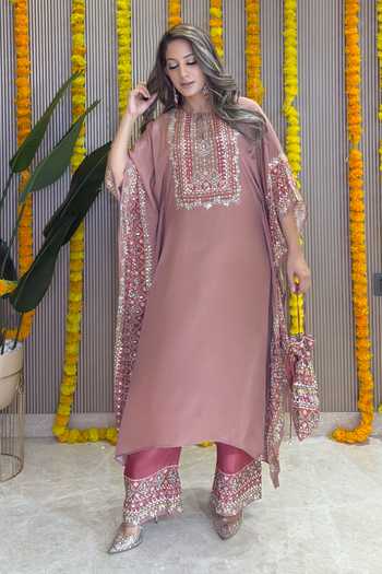 Surkh Syahi_Rose Gold Crepe Embroidery, Sequins, Mirrors Salma Sitara Dusty Kaftan Set _at_Aza_Fashions
