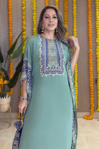 Surkh Syahi_Blue Crepe Embroidery Square Neck Salma Sitara Sage Green Kaftan Set _Online_at_Aza_Fashions