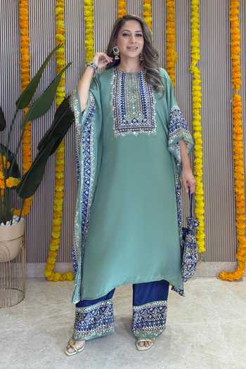 Buy_Surkh Syahi_Blue Crepe Embroidery Square Neck Salma Sitara Sage Green Kaftan Set _Online_at_Aza_Fashions