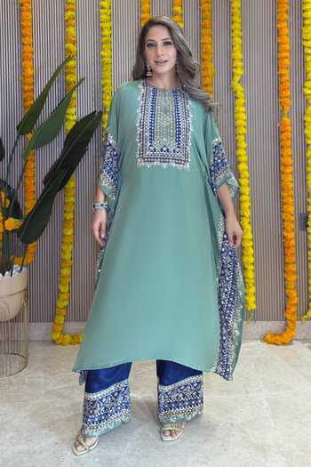 Shop_Surkh Syahi_Blue Crepe Embroidery Square Neck Salma Sitara Sage Green Kaftan Set _Online_at_Aza_Fashions
