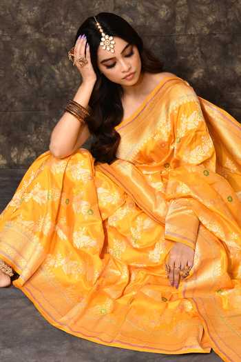 Buy_Vishwa By Pinki Sinha_Yellow Silk Floral Jaal Woven Saree With Running Blouse _Online_at_Aza_Fashions