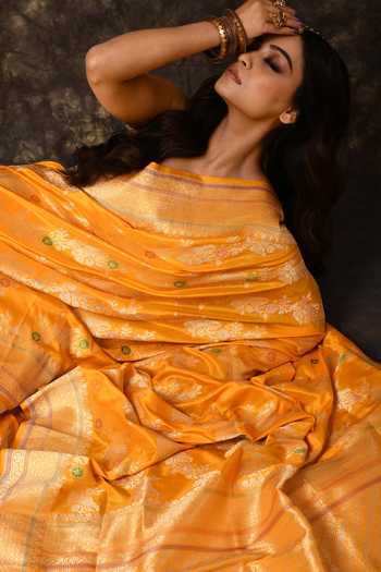 Shop_Vishwa By Pinki Sinha_Yellow Silk Floral Jaal Woven Saree With Running Blouse _Online_at_Aza_Fashions