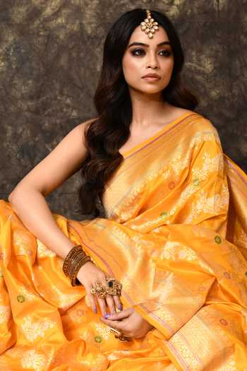 Buy_Vishwa By Pinki Sinha_Yellow Silk Floral Jaal Woven Saree With Running Blouse 