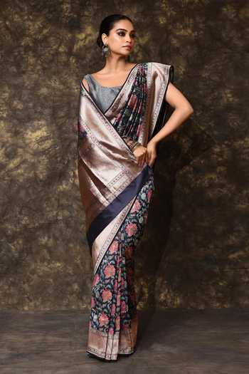 Vishwa By Pinki Sinha_Blue Silk Floral Meenakari Woven Saree With Running Blouse _Online_at_Aza_Fashions