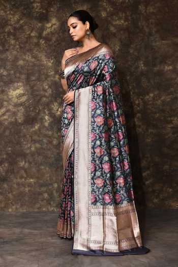 Buy_Vishwa By Pinki Sinha_Blue Silk Floral Meenakari Woven Saree With Running Blouse _Online_at_Aza_Fashions