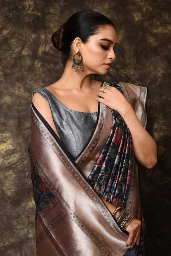 Shop_Vishwa By Pinki Sinha_Blue Silk Floral Meenakari Woven Saree With Running Blouse _Online_at_Aza_Fashions