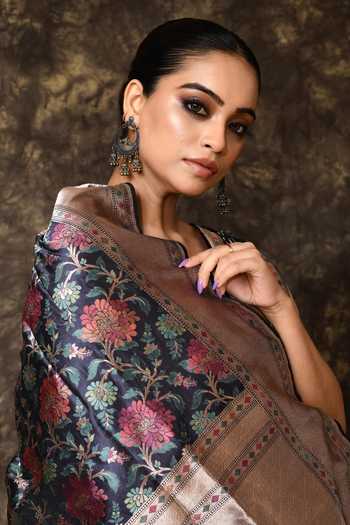 Buy_Vishwa By Pinki Sinha_Blue Silk Floral Meenakari Woven Saree With Running Blouse 