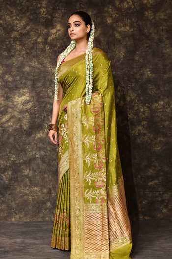 Buy_Vishwa By Pinki Sinha_Green Silk Meenakari Woven Saree With Running Blouse _Online_at_Aza_Fashions