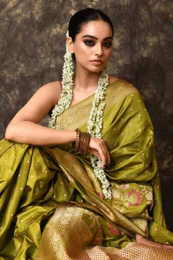 Shop_Vishwa By Pinki Sinha_Green Silk Meenakari Woven Saree With Running Blouse _Online_at_Aza_Fashions