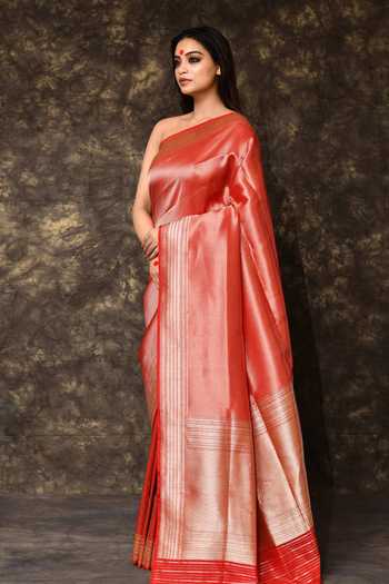 Shop_Vishwa By Pinki Sinha_Red Silk Geometric Brocade Saree With Running Blouse _Online_at_Aza_Fashions