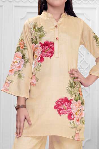 Mini Stitch Pink Satin Floral Print Kurta And Pant Set Online at Aza Fashions Mini Stitch_Pink Satin Floral Print Kurta And Pant Set _Online_at_Aza_Fashions