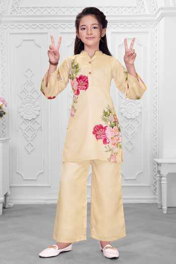 Mini Stitch Pink Satin Floral Print Kurta And Pant Set at Aza Fashions Mini Stitch_Pink Satin Floral Print Kurta And Pant Set _at_Aza_Fashions