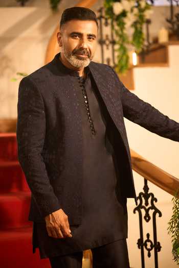 Shop_Salil Bhatia_Blue Silk, Chanderi Embroidery, Sequins Embellished Sherwani Set _Online_at_Aza_Fashions