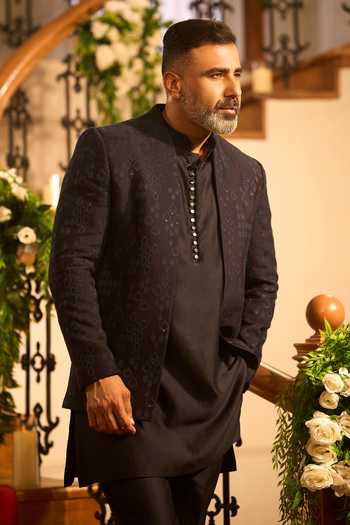 Salil Bhatia_Blue Silk, Chanderi Embroidery, Sequins Embellished Sherwani Set _at_Aza_Fashions