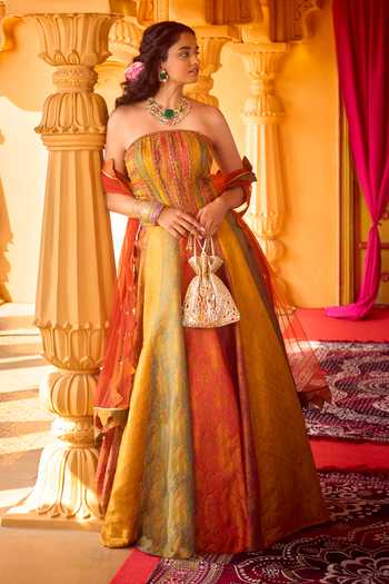 Buy_Reeti Arneja_Multicolor Silk, Handloom Cotton Zari Rang Kali Woven Corset And Lehenga Set 