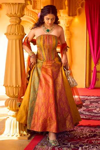 Shop_Reeti Arneja_Multicolor Silk, Handloom Cotton Zari Rang Kali Woven Corset And Lehenga Set 