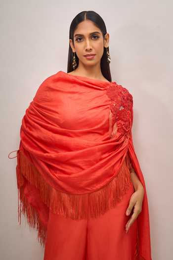 Buy Anamika Khanna Coral Scoop Neck Embroidered Draped Cape And Pant Set Online at Aza Fashions Buy_Anamika Khanna_Coral Scoop Neck Embroidered Draped Cape And Pant Set _Online_at_Aza_Fashions