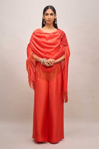 Shop Anamika Khanna Coral Scoop Neck Embroidered Draped Cape And Pant Set Online at Aza Fashions Shop_Anamika Khanna_Coral Scoop Neck Embroidered Draped Cape And Pant Set _Online_at_Aza_Fashions