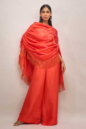 Anamika Khanna Coral Scoop Neck Embroidered Draped Cape And Pant Set at Aza Fashions Anamika Khanna_Coral Scoop Neck Embroidered Draped Cape And Pant Set _at_Aza_Fashions