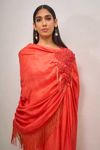 Buy Anamika Khanna Coral Scoop Neck Embroidered Draped Cape And Pant Set Buy_Anamika Khanna_Coral Scoop Neck Embroidered Draped Cape And Pant Set