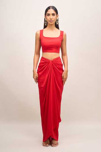 Anamika Khanna Red Embroidered Square Neck Cape Skirt Set Online at Aza Fashions Anamika Khanna_Red Embroidered Square Neck Cape Skirt Set _Online_at_Aza_Fashions