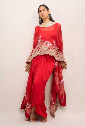 Shop Anamika Khanna Red Embroidered Square Neck Cape Skirt Set Online at Aza Fashions Shop_Anamika Khanna_Red Embroidered Square Neck Cape Skirt Set _Online_at_Aza_Fashions