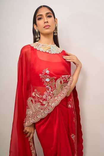 Anamika Khanna Red Embroidered Square Neck Cape Skirt Set at Aza Fashions Anamika Khanna_Red Embroidered Square Neck Cape Skirt Set _at_Aza_Fashions