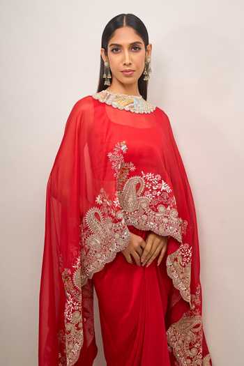 Buy Anamika Khanna Red Embroidered Square Neck Cape Skirt Set Buy_Anamika Khanna_Red Embroidered Square Neck Cape Skirt Set