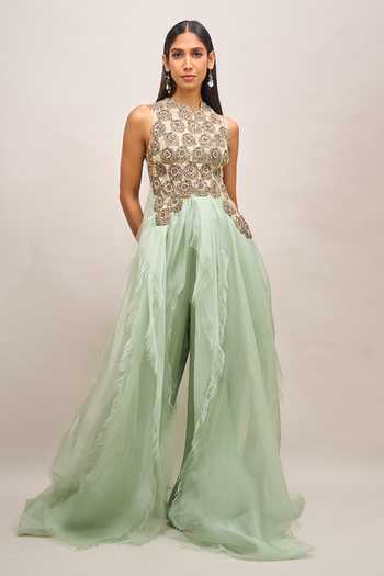 Shop Anamika Khanna Blue High Neck Embroidered Kurta And Palazzo Set Online at Aza Fashions Shop_Anamika Khanna_Blue High Neck Embroidered Kurta And Palazzo Set _Online_at_Aza_Fashions