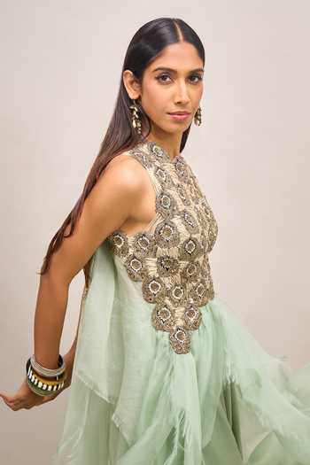 Anamika Khanna Blue High Neck Embroidered Kurta And Palazzo Set at Aza Fashions Anamika Khanna_Blue High Neck Embroidered Kurta And Palazzo Set _at_Aza_Fashions