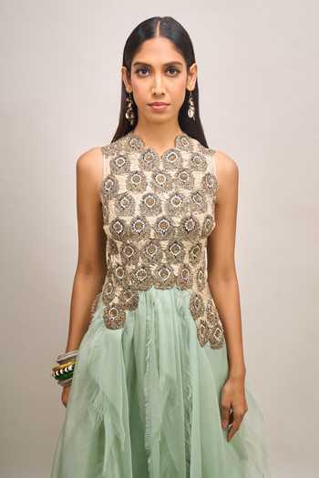 Buy Anamika Khanna Blue High Neck Embroidered Kurta And Palazzo Set Buy_Anamika Khanna_Blue High Neck Embroidered Kurta And Palazzo Set