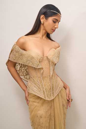 Tarun Tahiliani_Gold Embroidery, Sequins, Zari Sweetheart Neck Pre-draped Concept Saree Set _Online_at_Aza_Fashions