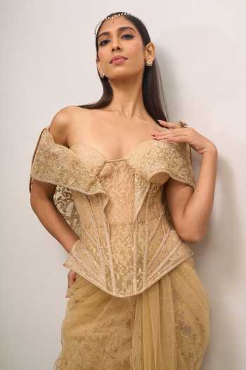 Buy_Tarun Tahiliani_Gold Embroidery, Sequins, Zari Sweetheart Neck Pre-draped Concept Saree Set _Online_at_Aza_Fashions
