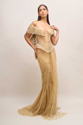 Shop_Tarun Tahiliani_Gold Embroidery, Sequins, Zari Sweetheart Neck Pre-draped Concept Saree Set _Online_at_Aza_Fashions