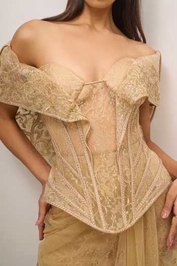 Tarun Tahiliani_Gold Embroidery, Sequins, Zari Sweetheart Neck Pre-draped Concept Saree Set _at_Aza_Fashions