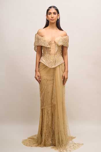 Buy_Tarun Tahiliani_Gold Embroidery, Sequins, Zari Sweetheart Neck Pre-draped Concept Saree Set 