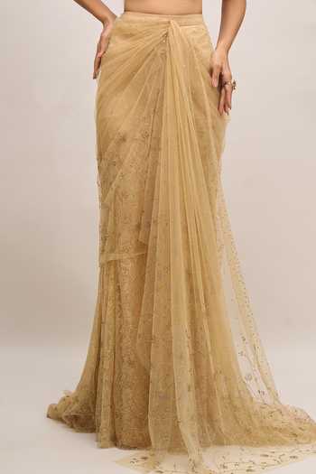 Shop_Tarun Tahiliani_Gold Embroidery, Sequins, Zari Sweetheart Neck Pre-draped Concept Saree Set 