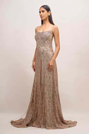 Tarun Tahiliani Rose Gold Sequins, Beads, Stones Bandeau Neck Floral Embroidered Gown Online at Aza Fashions Tarun Tahiliani_Rose Gold Sequins, Beads, Stones Bandeau Neck Floral Embroidered Gown _Online_at_Aza_Fashions