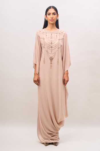 Tarun Tahiliani Beige Round Neck Thread Work Kaftan Online at Aza Fashions Tarun Tahiliani_Beige Round Neck Thread Work Kaftan _Online_at_Aza_Fashions